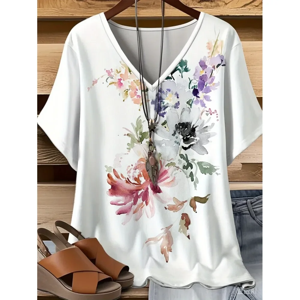 

Fashion Floral 3D Graphics Print T Shirt Summer Women V-Neck T-Shirts Harajuku Oversized Streetwear Y2k Tees Top Woman Clothing