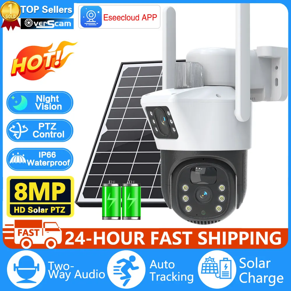 EseeCloud 4K 8MP WiFi Solar Battery PTZ Camera Dual Lens Dual Screen Outdoor AI Tracking Security Protection Video Surveillance