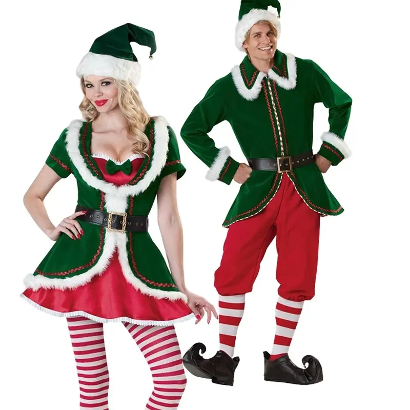 Men And Women Couple Party Green Elf Costume Christmas Costume Set Men And Women Santa Helper Cosplay