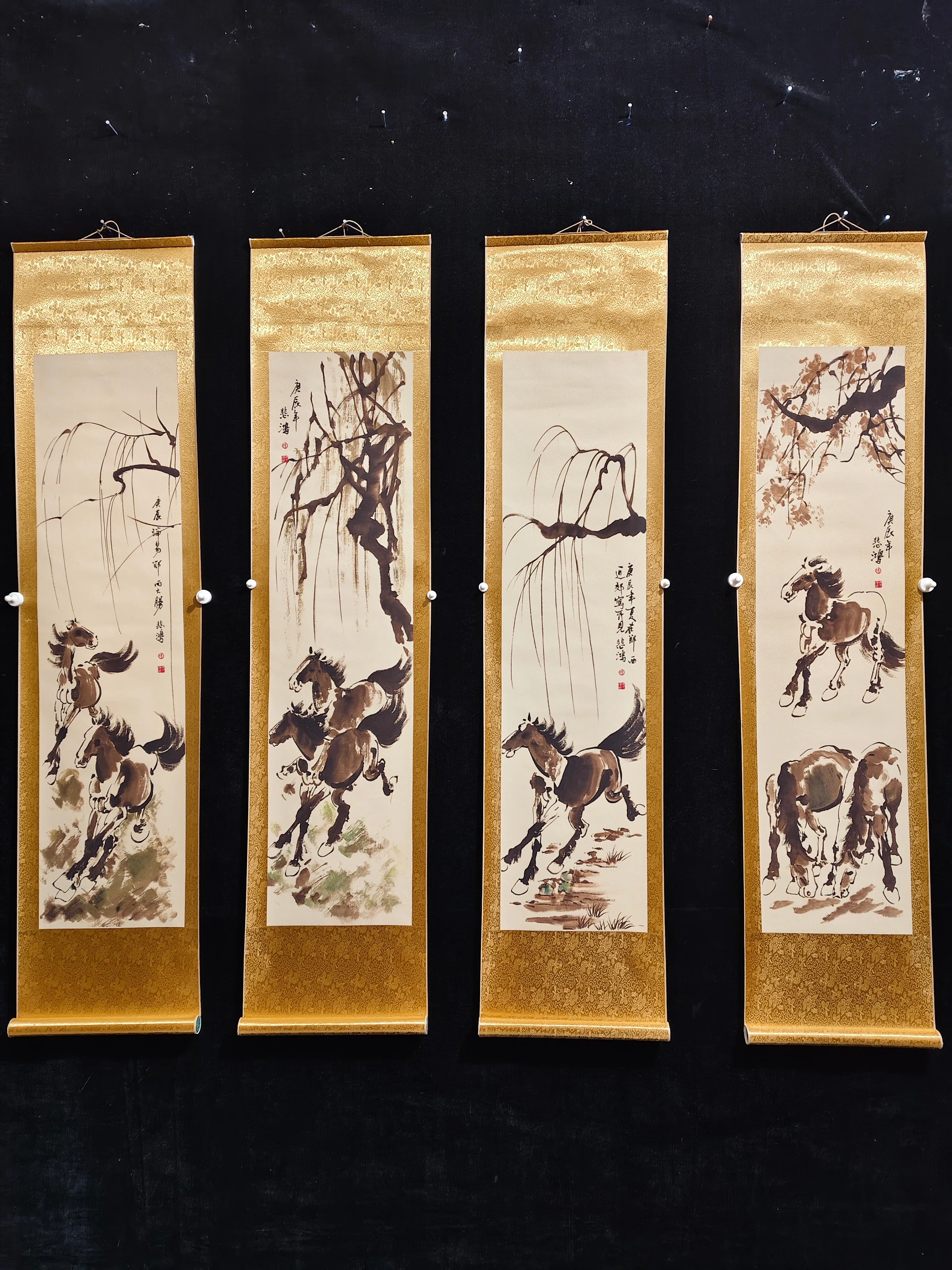 Old Chinese hand-painted long scroll,Running horse Painting Scroll,4 pieces/pack, free shipping#202501-206