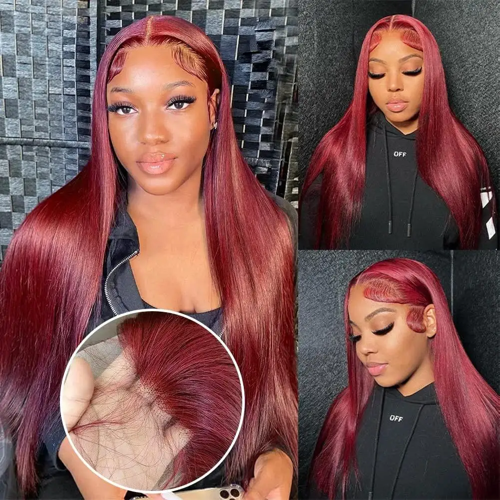 13x6 99J Burgundy Bone Straight Lace Front Wig Red Colored Human Hair Wigs For Women Brazilian Remy Transparent Lace Frontal Wig