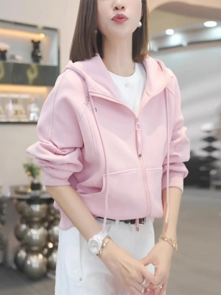 패셔너블한 지퍼 후드 재킷 여성용 루즈 캐주얼 스포츠 탑 봄 가을 신상 젊은 감각의 아우터웨어 편안한 스웨트...