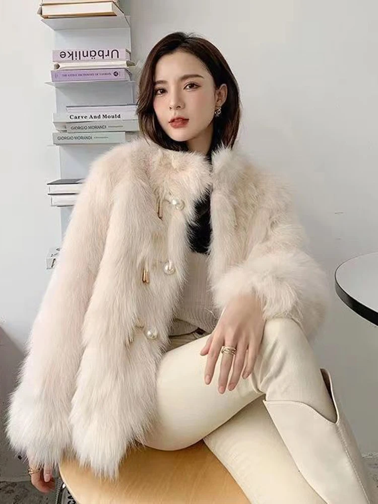 

Zoki Winter Women Faux Fox Fur Coat Plush Thick Warm Fashion Pearl Buttons White Jacket Designed Korean Ladies Overcoat