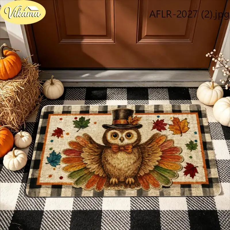 VIKAMA Thanksgiving Doormat, Cute Owl Turkey Rug, Soft Non-Slip Welcome Mat, Fall Holiday Entryway Door Mat for Home Party Decor