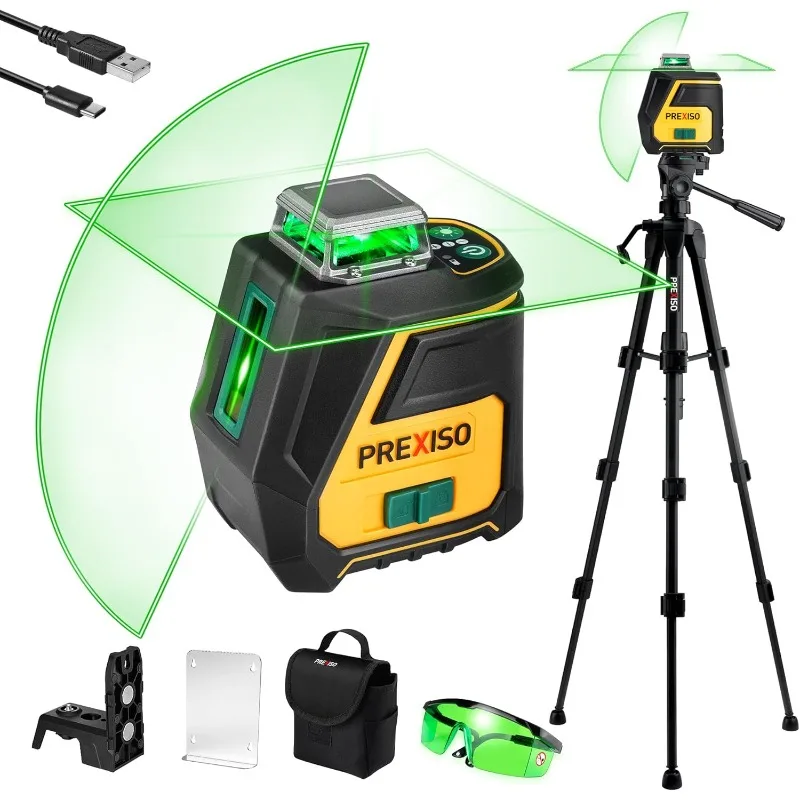 360 Laser Level with Tripod - IP54 Rechargeable Wide Angle Vertical Line Laser, 100Ft Green 3 Brightness Adjustment Self