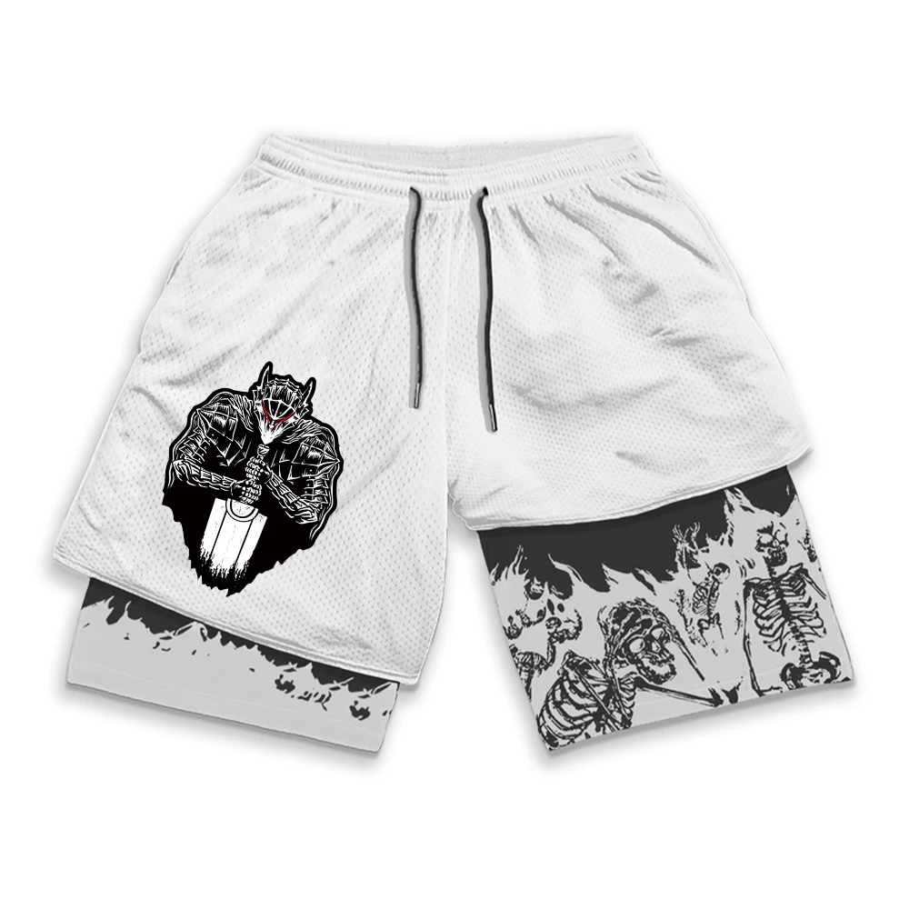 Anime Berserk Running Shorts Men Fitness Gym Training 2 in 1 Sports Shorts Quick Dry Workout Jogging Double Deck Summer