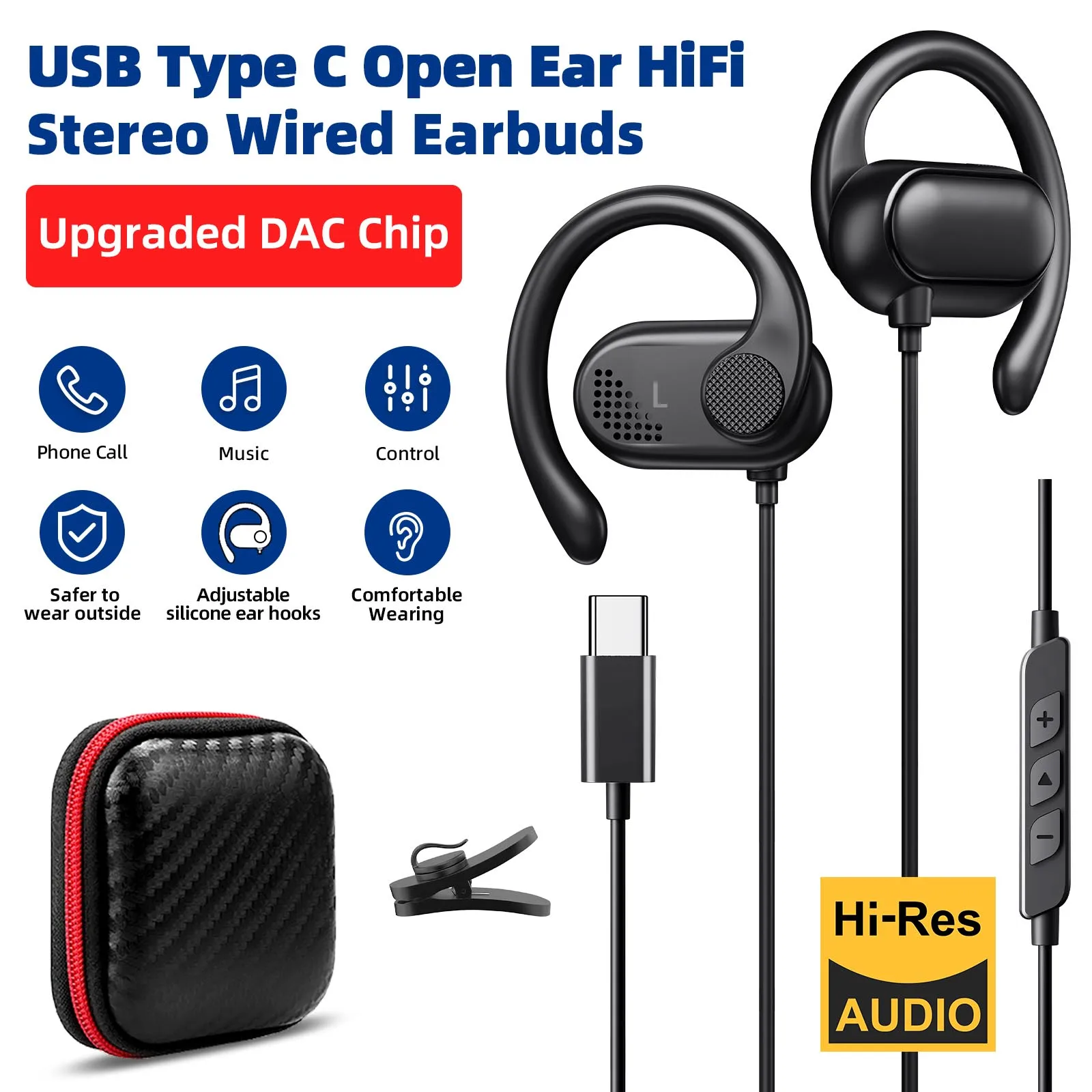 

USB C Open Ear Headphones with Adjustable Ear Hook Open Outside Ear Buds Sweatproof Type C Corded Earphone for iPhone 16 15 iPad