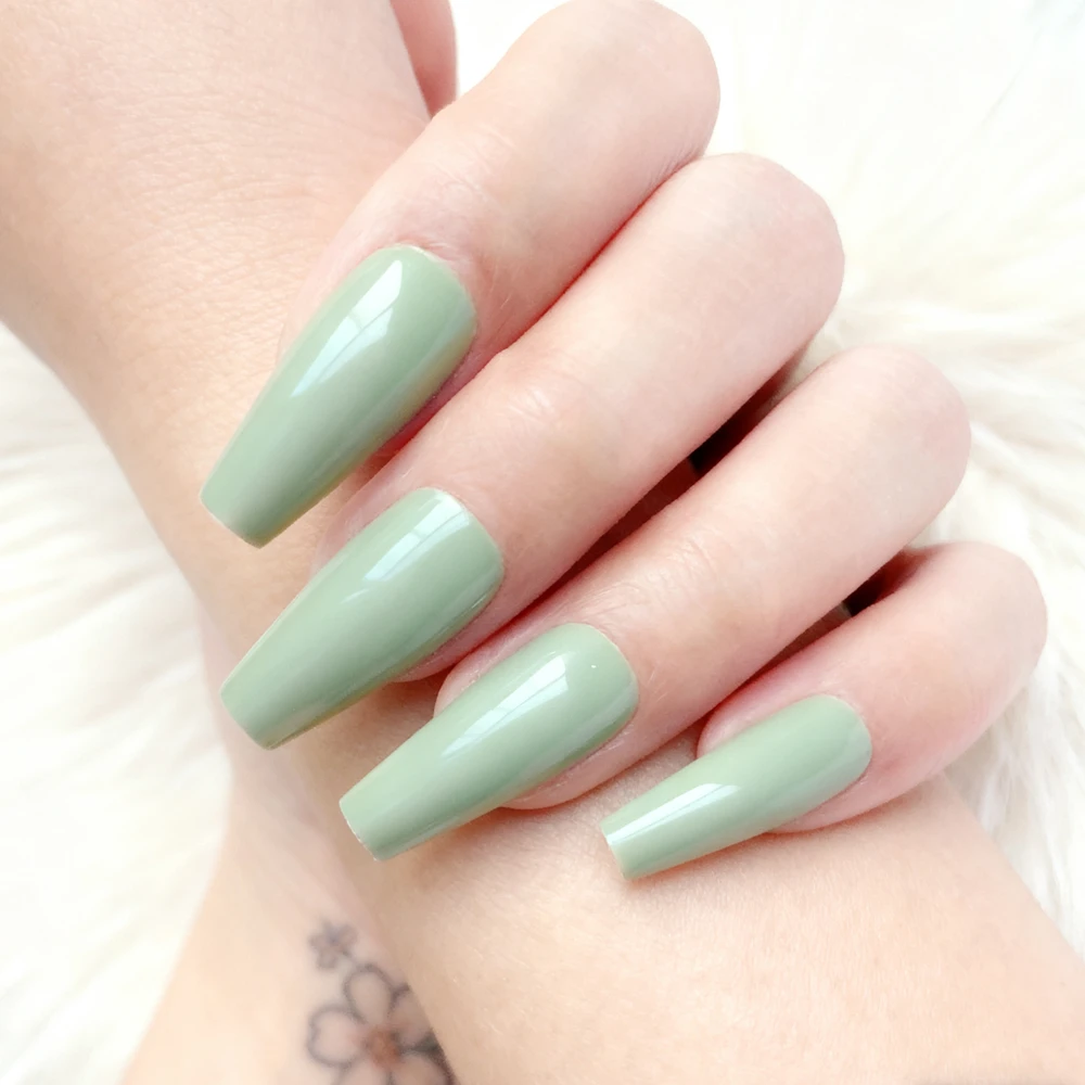 

48Pcs Glossy Long Ballerina False Nails Matcha Green Coffin Fake Nail For Design DIY Full Cover Tips Manicure Tools