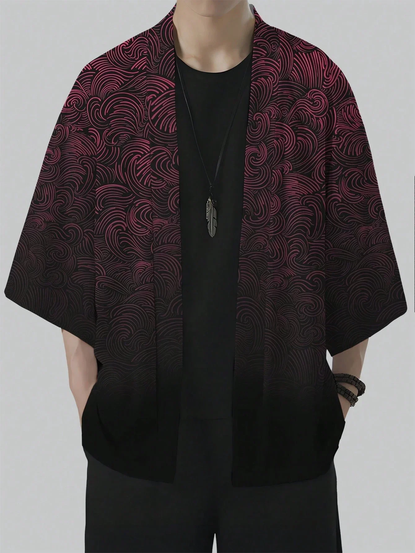 Men Open Front Haori Kimono Cardigan 3D Print Gradient Wave Line Art Pattern Polyester Loose Half Sleeve Outerwear