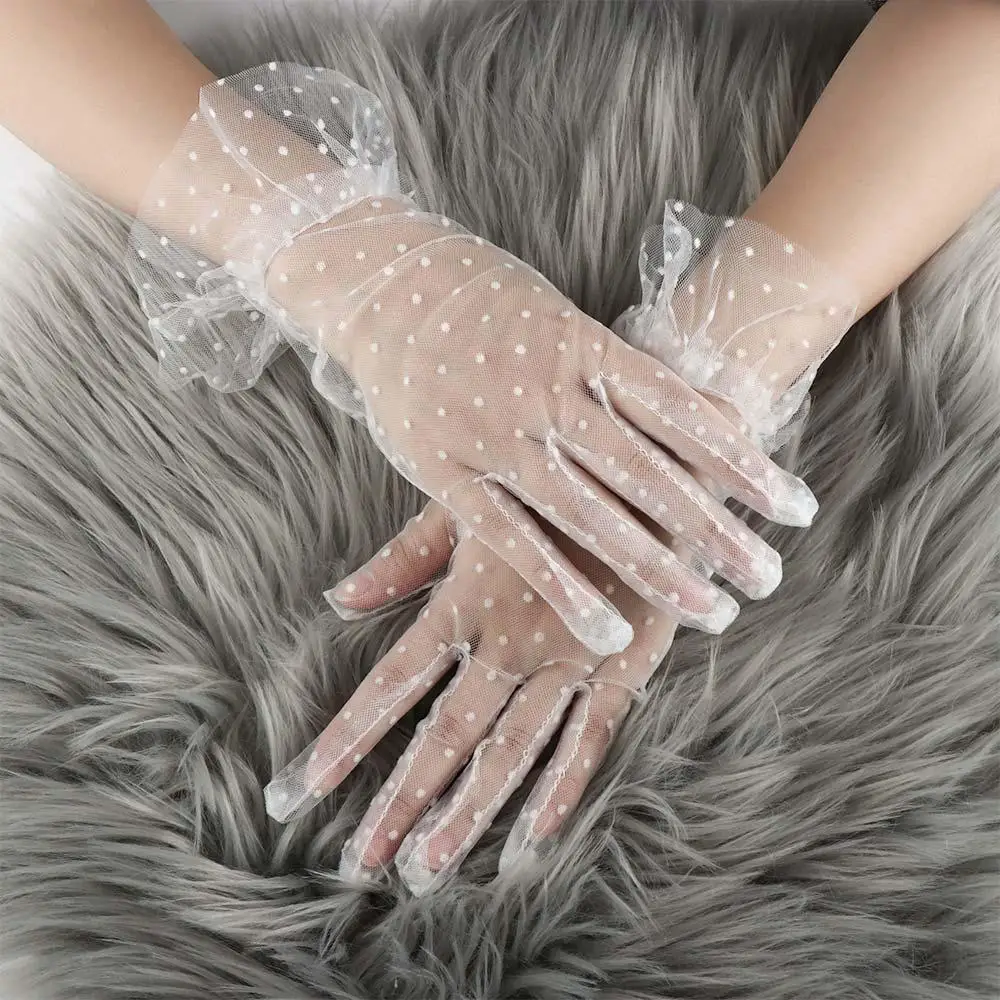 Tulle Autumn Summer Full Finger Lotus Leaf Stretchy Cycling Women Lace Gloves Korean Style Polka Dot Gloves Lace Gloves