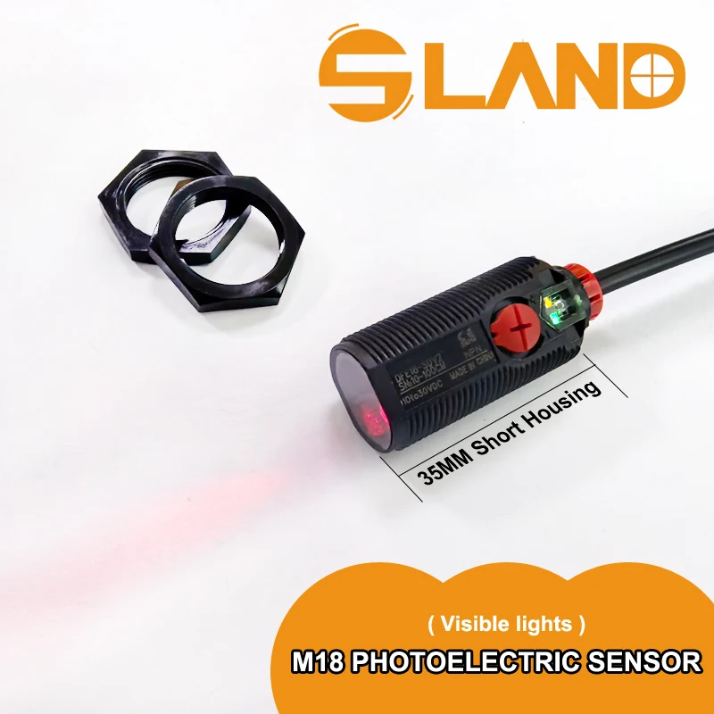 M18 35mm Short Housing Photoelectric Sensor 30-150mm, 50~300mm, 100~1000mm Range Diffuse Type Visible Red Light Source.