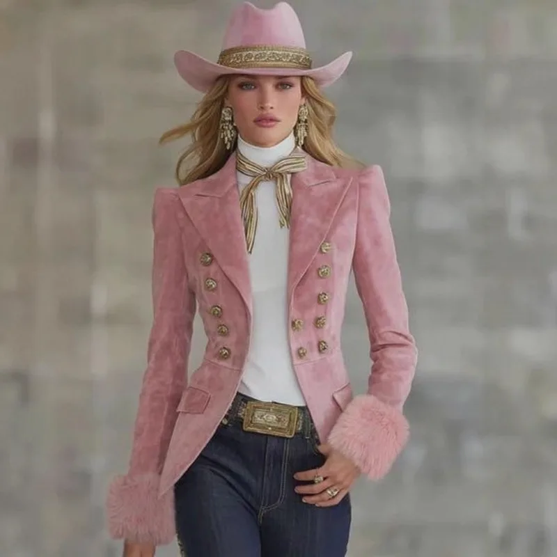 

2026 New Suede Jacket Elegant Solid Color Female Suit Blazer Slim Casual Coat Double Breasted Turn-down Collar Women Top