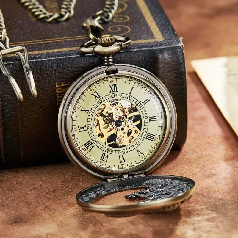 Retro personality hand-operated mechanical pocket watch with half hollow dragon pattern