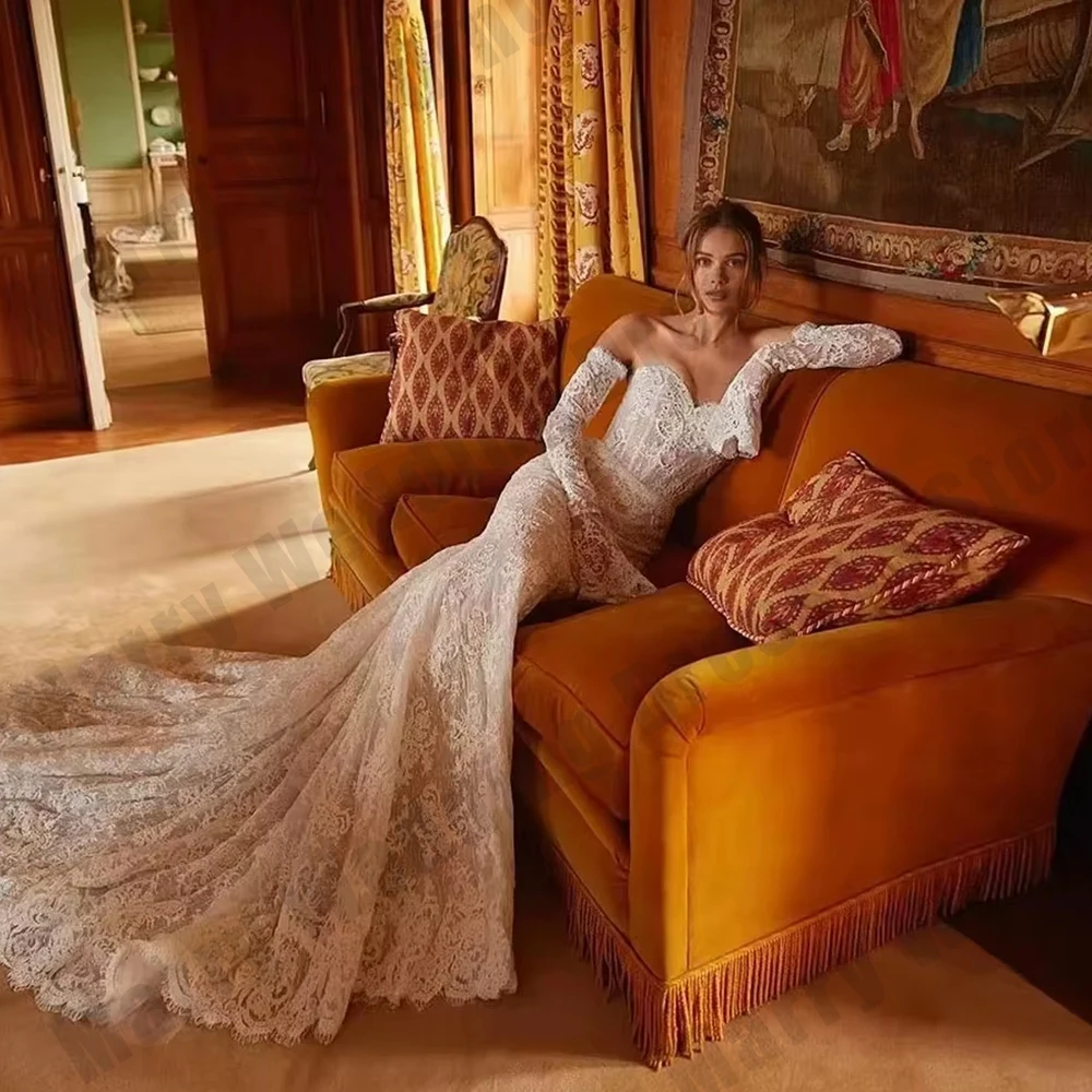 فساتين زفاف فاخرة بأكمام طويلة قبالة الكتف الدانتيل حورية البحر الحبيب فساتين الزفاف vestidos de novias رداء مخصص #2