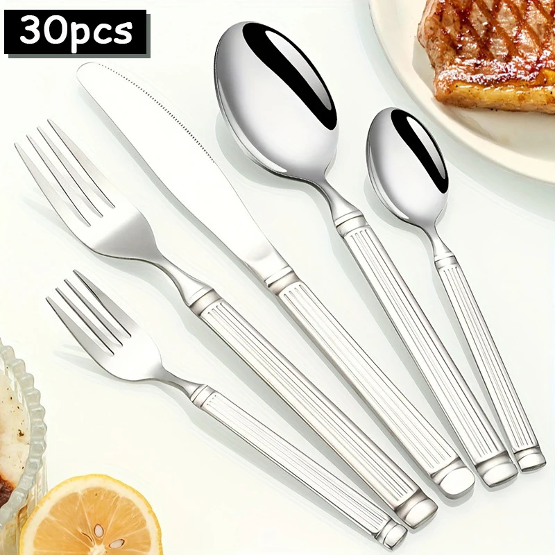 

Набор посуды из нержавеющей стали с римской колонной, 30 шт., включая нож, вилку, ложку, чайную вилку и чайную ложку.