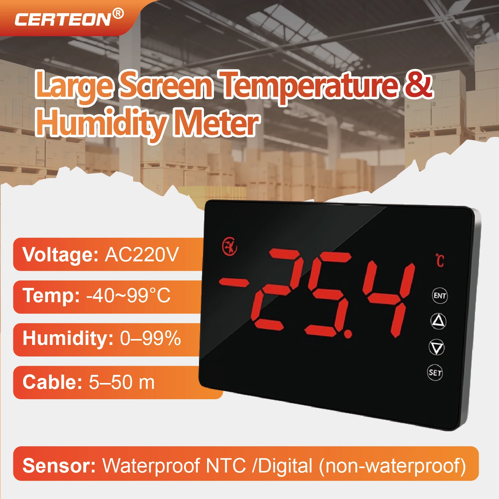 Digital Temperature Humidity Monitor AC220V Industrial Hygrometer Large Display with Alarm Long Cable 5 to 50m for Warehouse Use