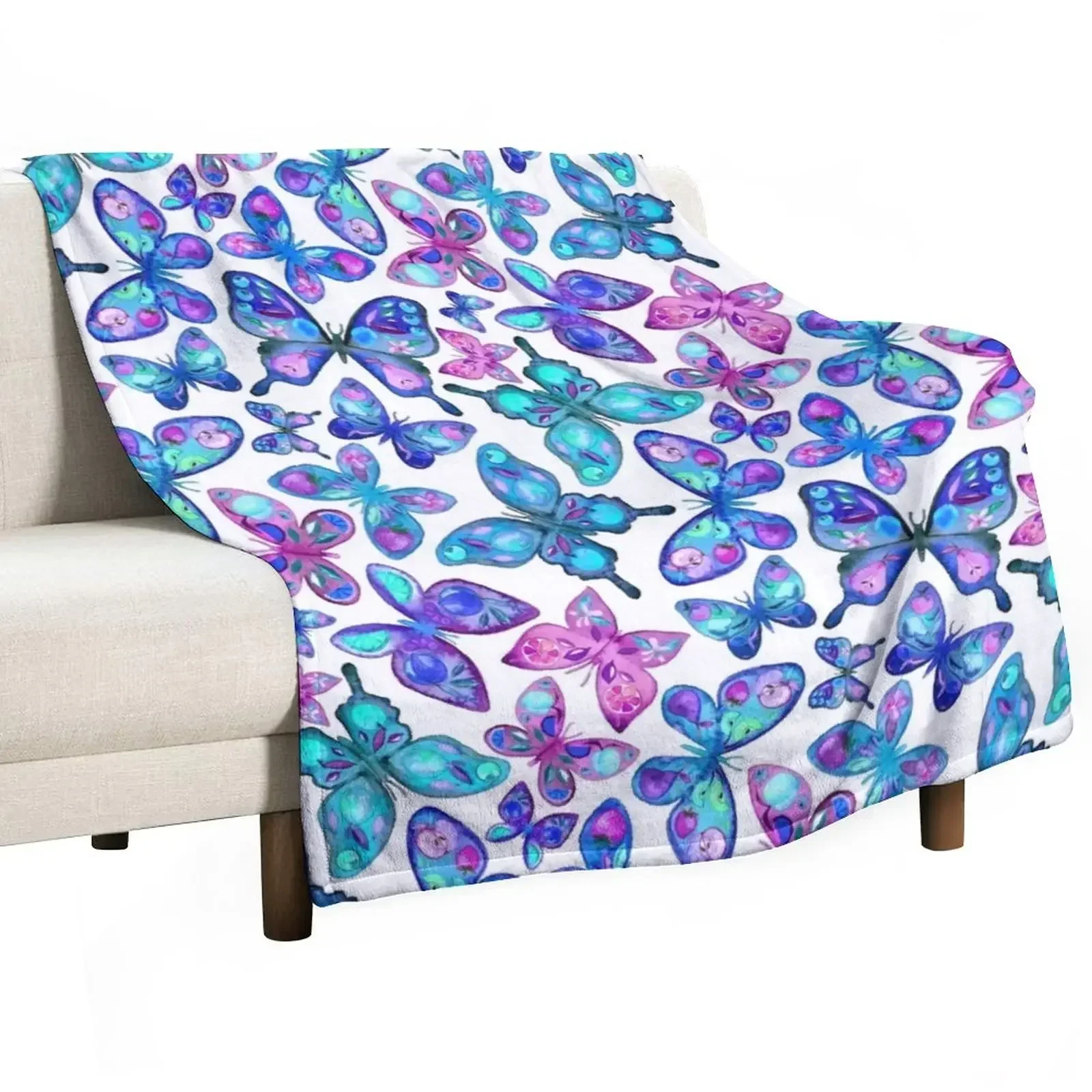 

Watercolor Fruit Patterned Butterflies - aqua and sapphire Throw Blanket Summer Beddings Soft Beds Beautifuls Hair Blankets