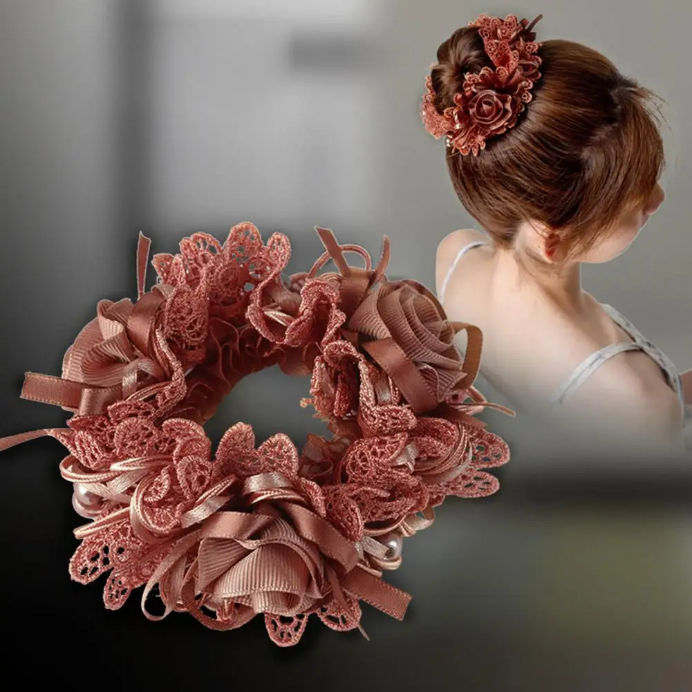 Attractive Bun Hair Ring Faux Pearls Stretchy Headwear Lace Flower Girls Hair Scrunchy