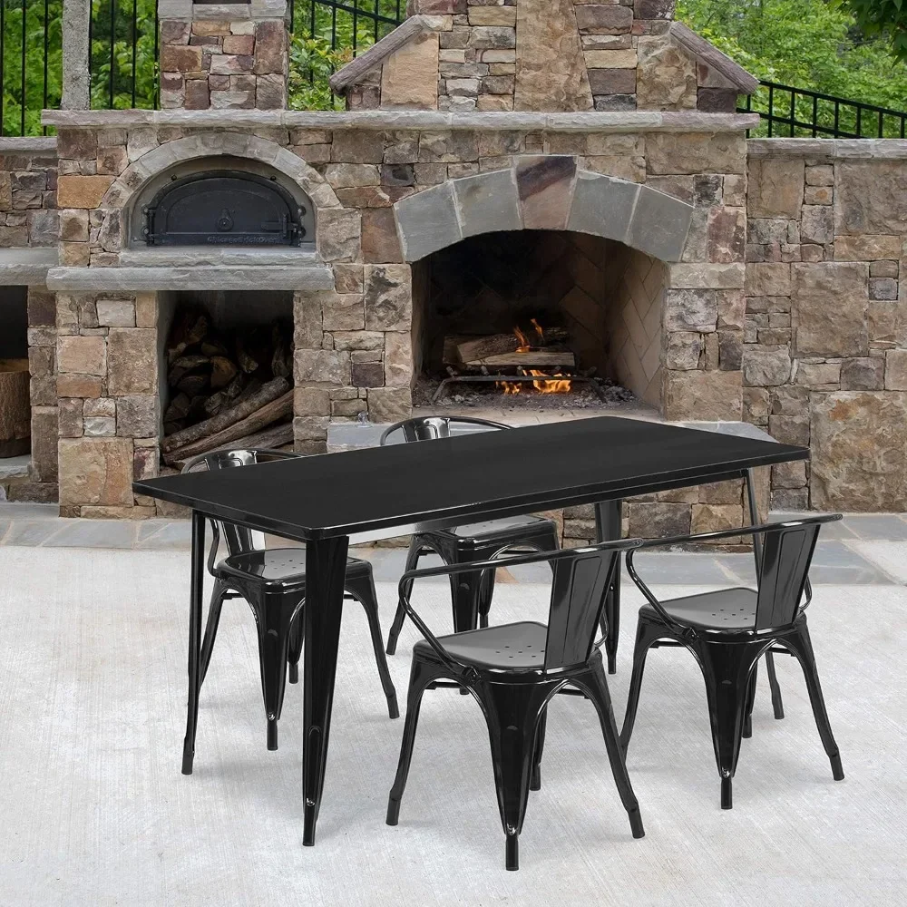 

Commercial Grade 31.5" x 63" Rectangular Black Metal Indoor-Outdoor Table Set with 4 Arm Chairs