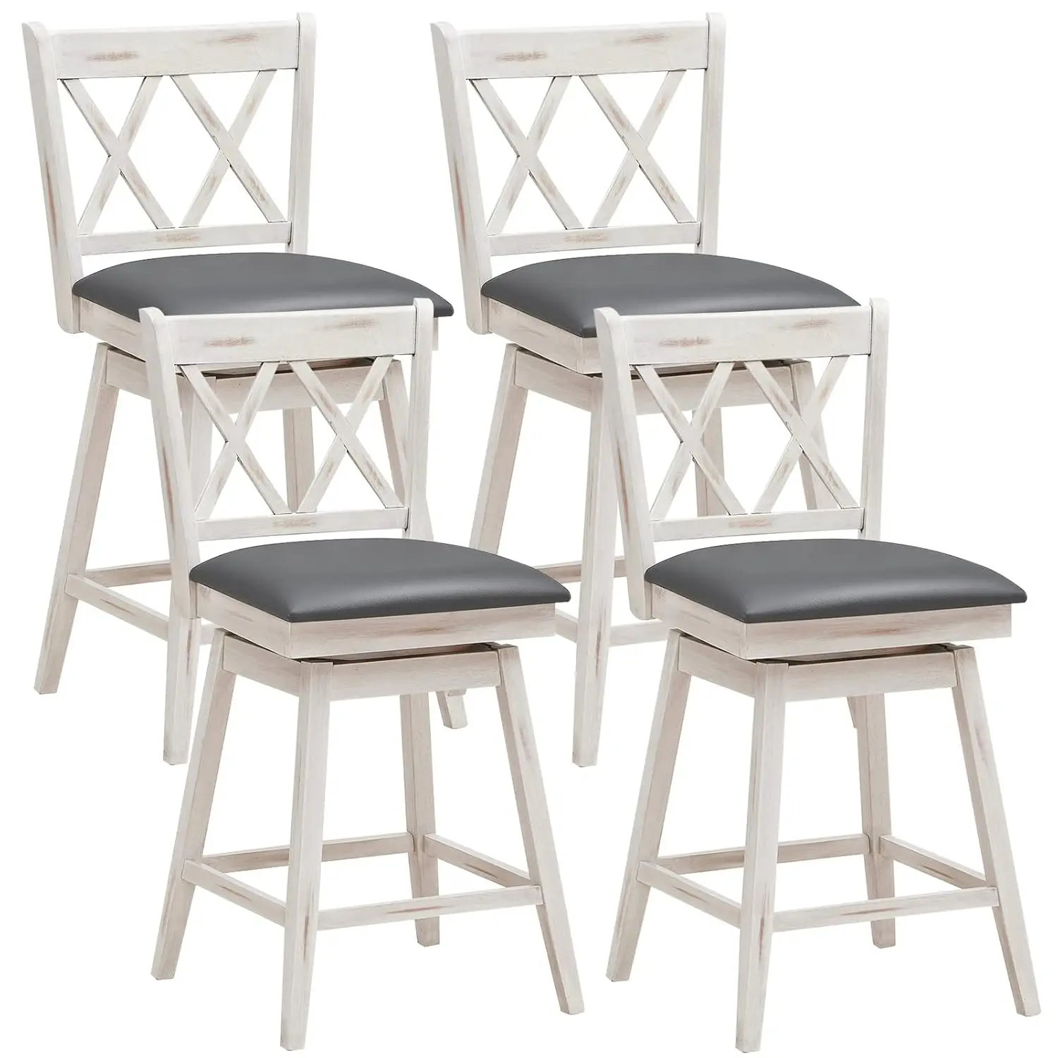 

25in Swivel Counter Stool Set Upholstered Cushion Footrest Backrest Sturdy Frame Pub Kitchen 4pcs Antique White Grey, Customized