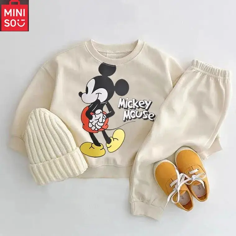 

Miniso Mickey print sports baby two-piece casual solid color long sleeved children's spring and autumn clothing