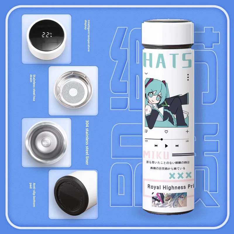 500ML 하츠네 미쿠 지능형 절연 컵 대용량 Led 디지털 온도 디스플레이 아이 만화 진공 플라스크 커피 머그잔