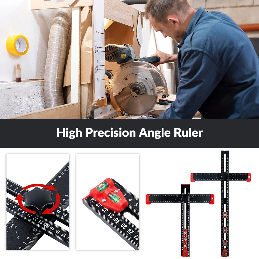 35cm Adjustable T‑Shape Drilling Positioning Ruler, Multifunctional Woodworking Angle Ruler with Level Bubble for Cabinet Drawer