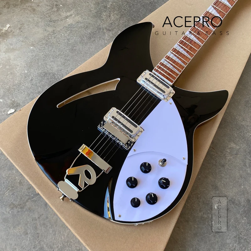 Guitarra eléctrica negra de cuerpo semihueco 360, 6 cuerdas, trastes de acero inoxidable, guitarra con pickguard blanco