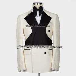 Fashion White Jacquard Men Suit Double Breasted Groom Wedding Tuxedos 2 Pieces Set Banquet Male Prom Blazers Slim Costume Homme