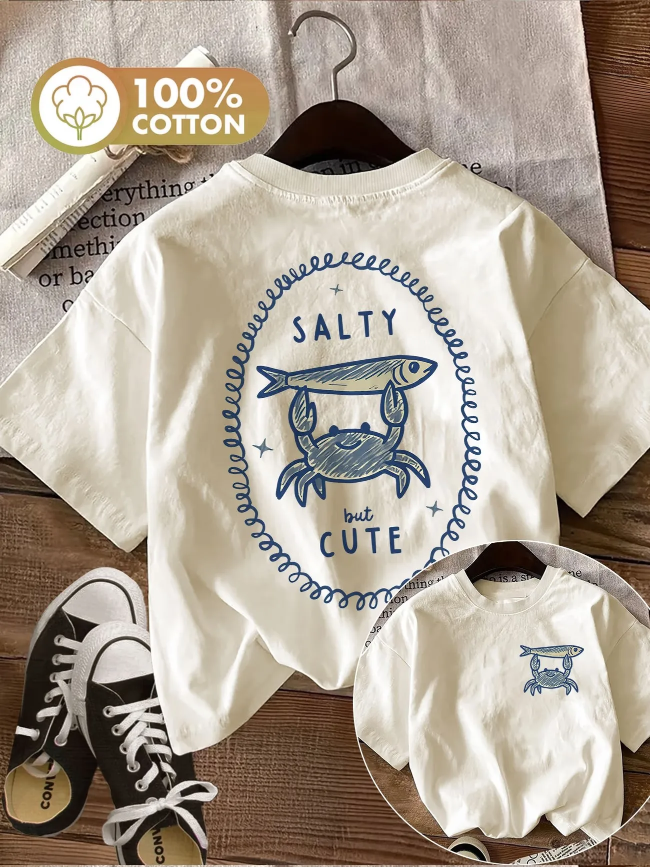Aesthetic 100% Cotton T Shirt Funny Crab Fish Print Short Sleeve Crew Neck Tee Women Summer Casual Loose Vacation Tops