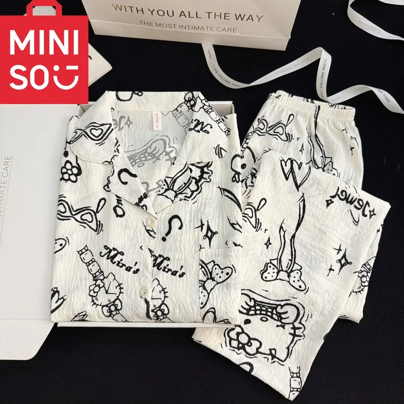 Harajuku نمط HelloKitty القوس طباعة منامة مجموعة للنساء الكرتون Kawaii التلبيب الرقبة ملابس النوم المتسكعون قطعتين مجموعة منامة