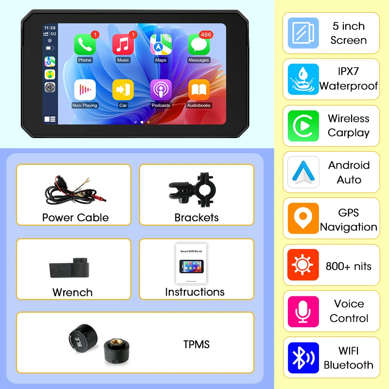 Jansite Dual Bluetooth Motorcycle Carplay Schermnavigatie GPS Display IP67 Waterdichte Ondersteuning Helm Intercom Moto Accessoires