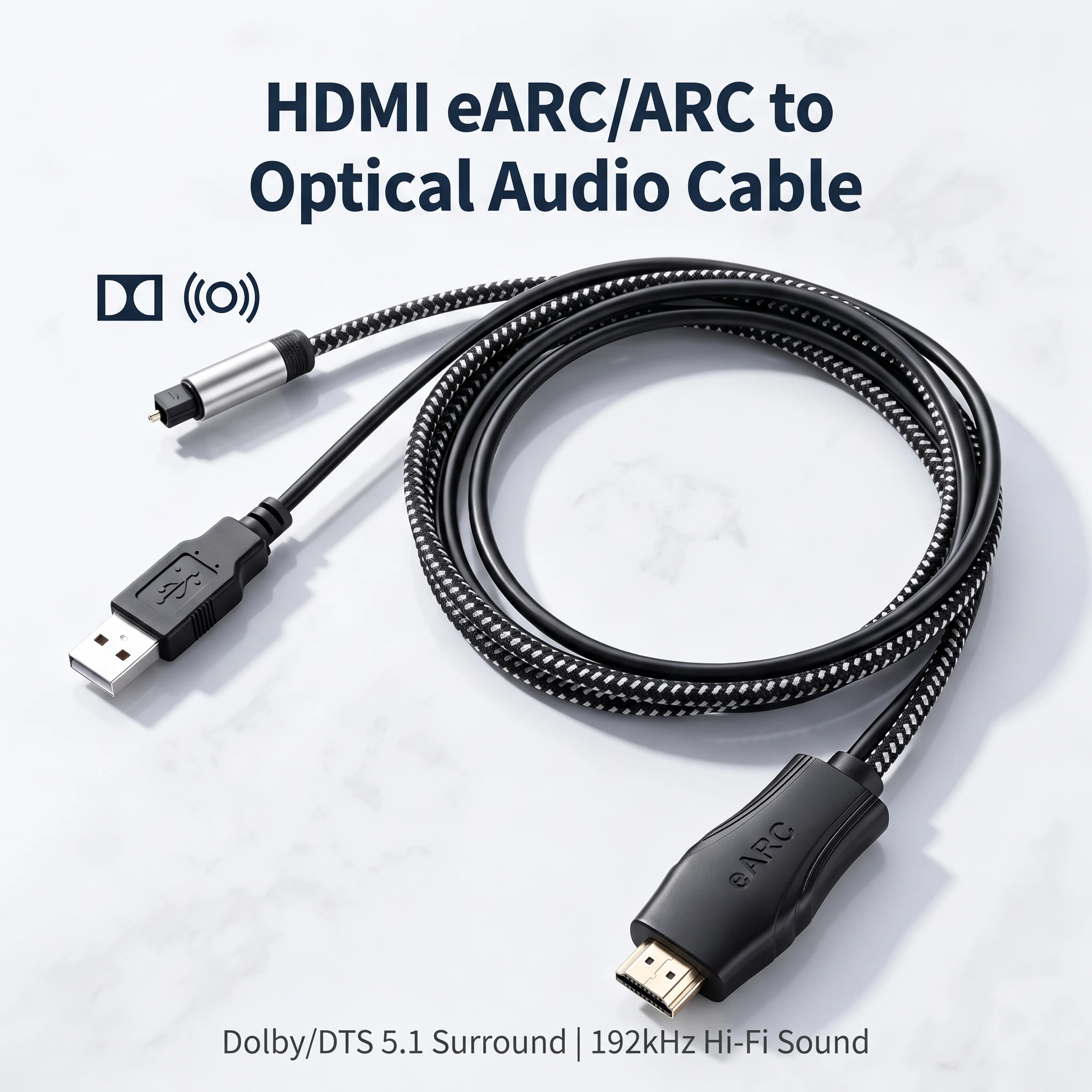 Cavo HDMI EARC a Audio Ottico, Adattatore ARC a Toslink S/PDIF, Dolby DTS 5.1 Surround HDMI 2.1 4K per TV, Soundbar, Amplificatore, 2m
