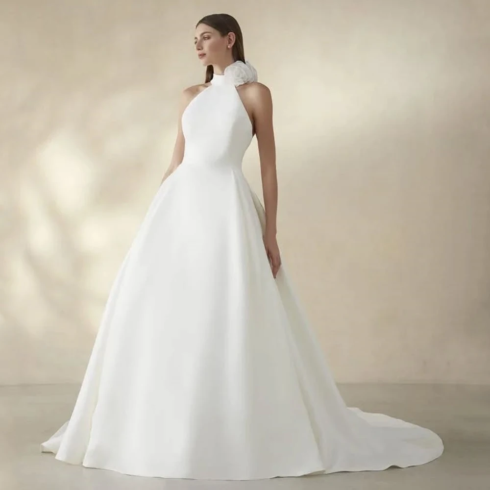 

Elegant Wedding Dresses for Brides 3D Flowers High Collar Halter Wedding Gowns Long A Line Criss-Cross Sleeveless Bridal Dress