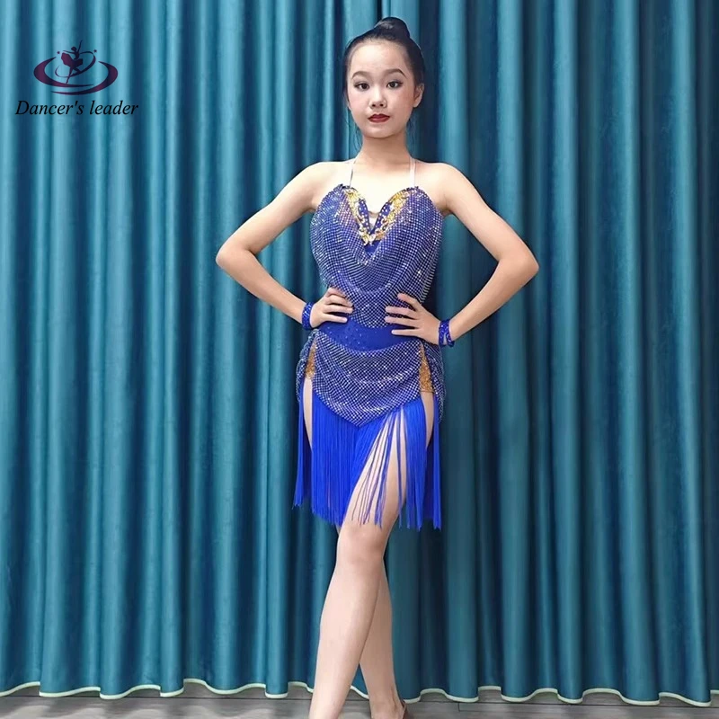 ラテンダンスダイヤモンド女性のプロフェッショナルフラワードレスブルーダイヤモンドネットタッセルサンバ子供女の子パフォーマンスドレス