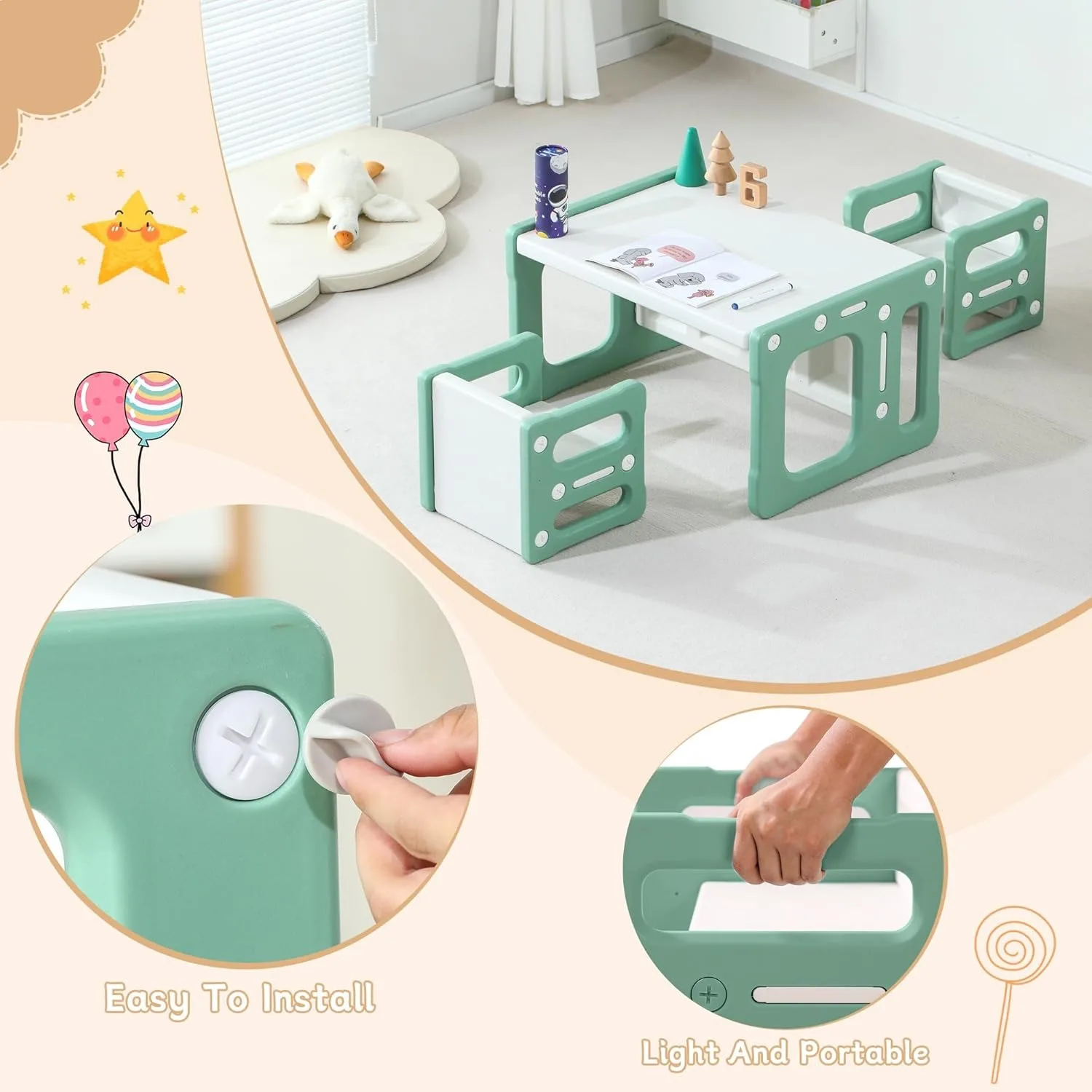 Set tavolo per lo svezzamento 3 in 1 e 2 sedie, set tavolo e sedie per bambini, 2 livelli di altezza, tavolo da attività per bambini per disegnare, sala da pranzo