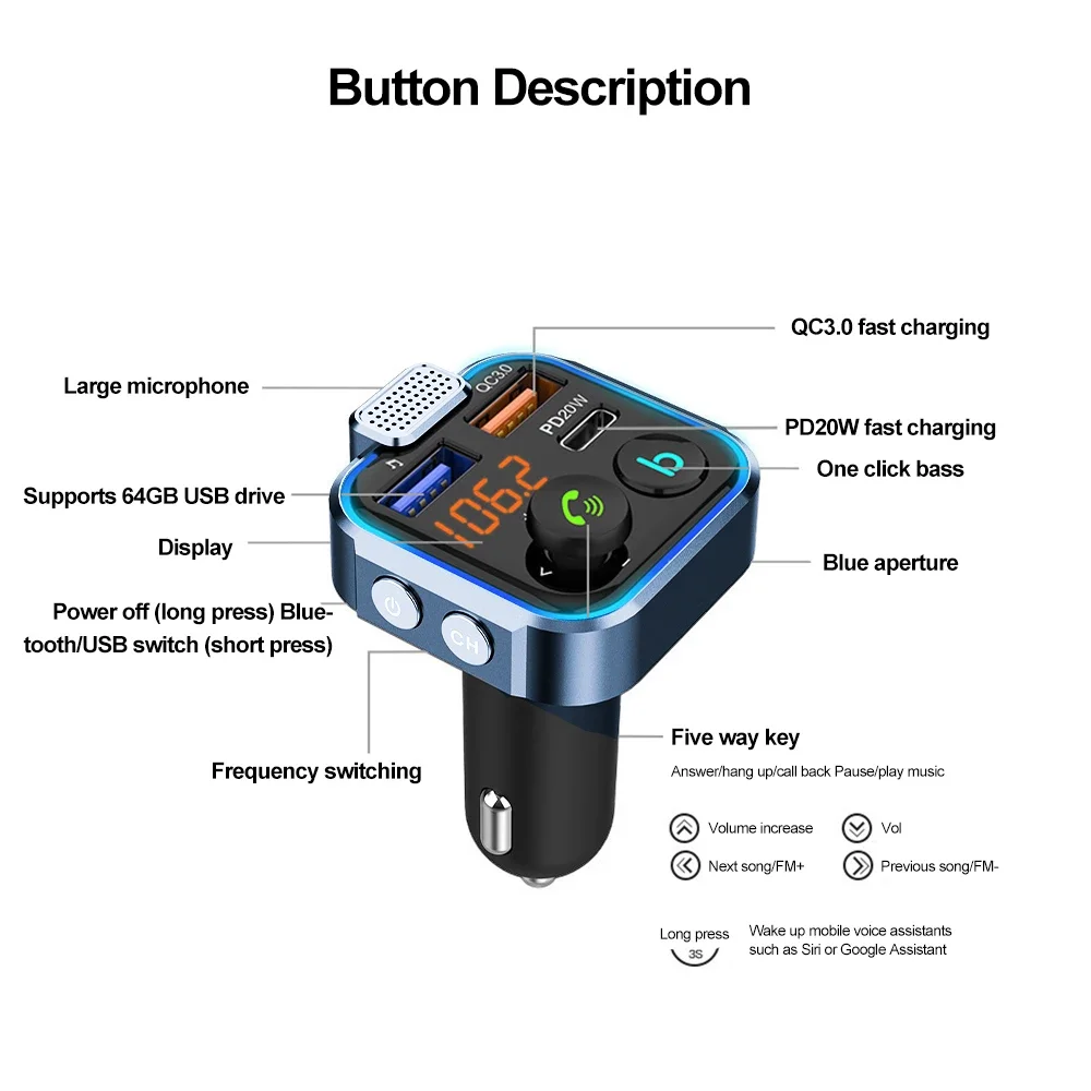 Bluetooth 5.0 Car FM Transmitter Dual Mics Deep Bass Sound 38W PD QC3.0 Charger U Disk AUX Playback Multifunctional Radio Music