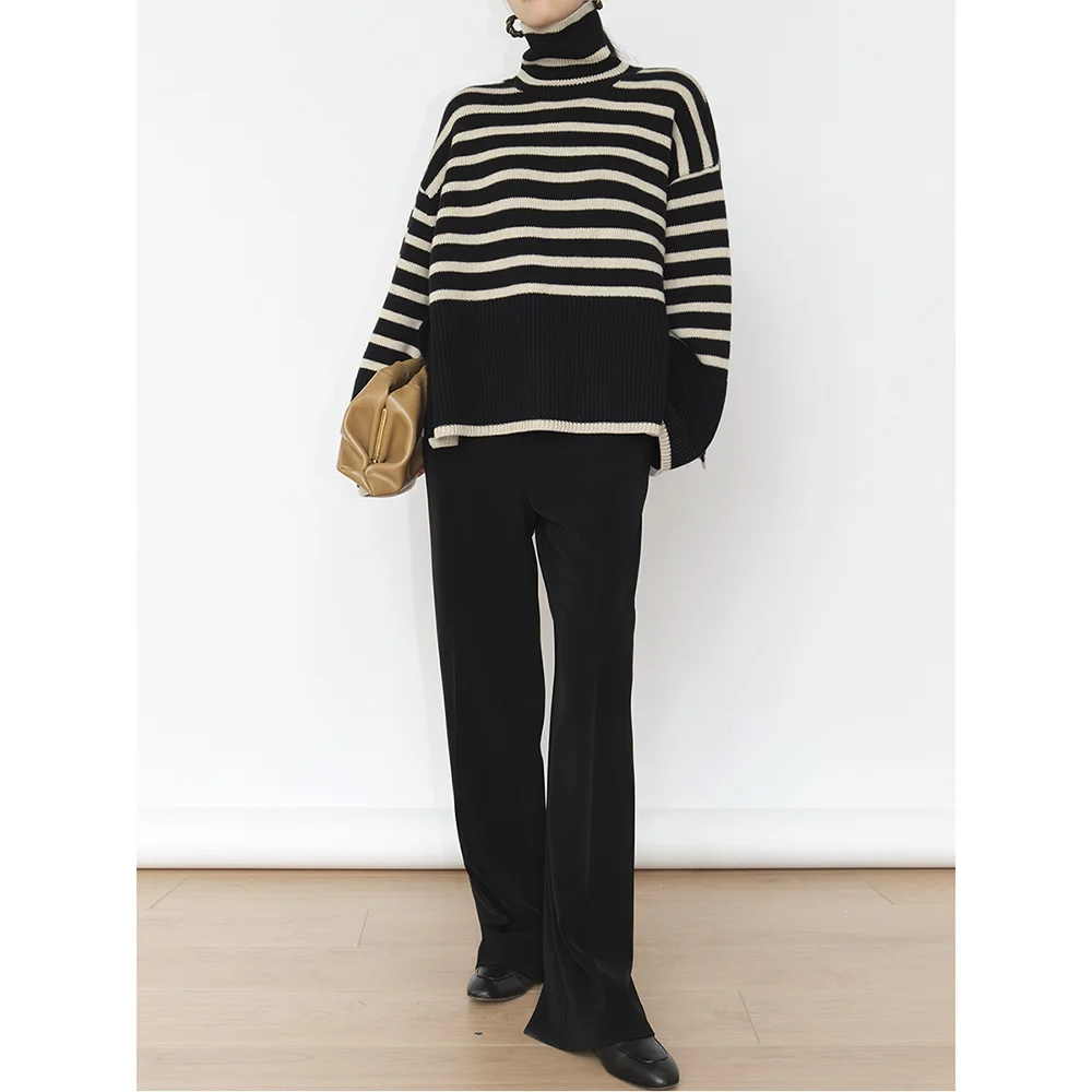 Ladies Autumn Winter Striped Knitted Loose Sweater Women Pullover Tops Long Sleeve Turtleneck Casual Oversize Streetwear