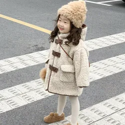 Parkas Autumn Winter Plush Thickening Loose Coat Children Fashion Hooded Tops Childrens Clothing 2024 Simple Warm Button