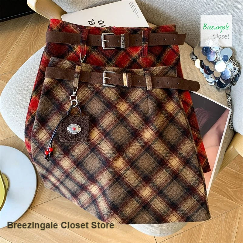 

French retro contrast plaid skirt women's autumn and winter new fashion spice girl high waist and slim casual A-bag hip skirt