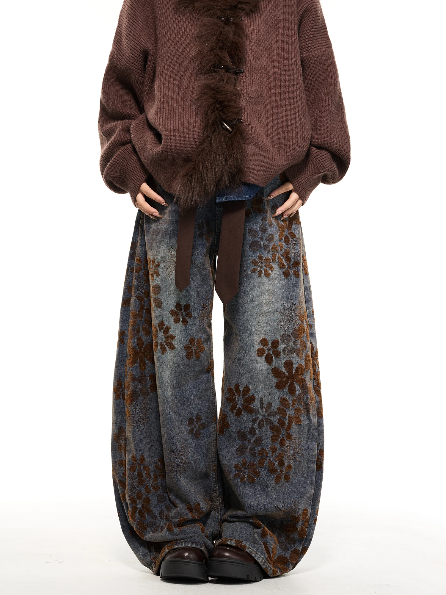 

Damon Island American High Street Retro Waed Plum Blossom Embroidery Wide Leg Casual Jeans Men Women Hiphop Loose Fit Denim