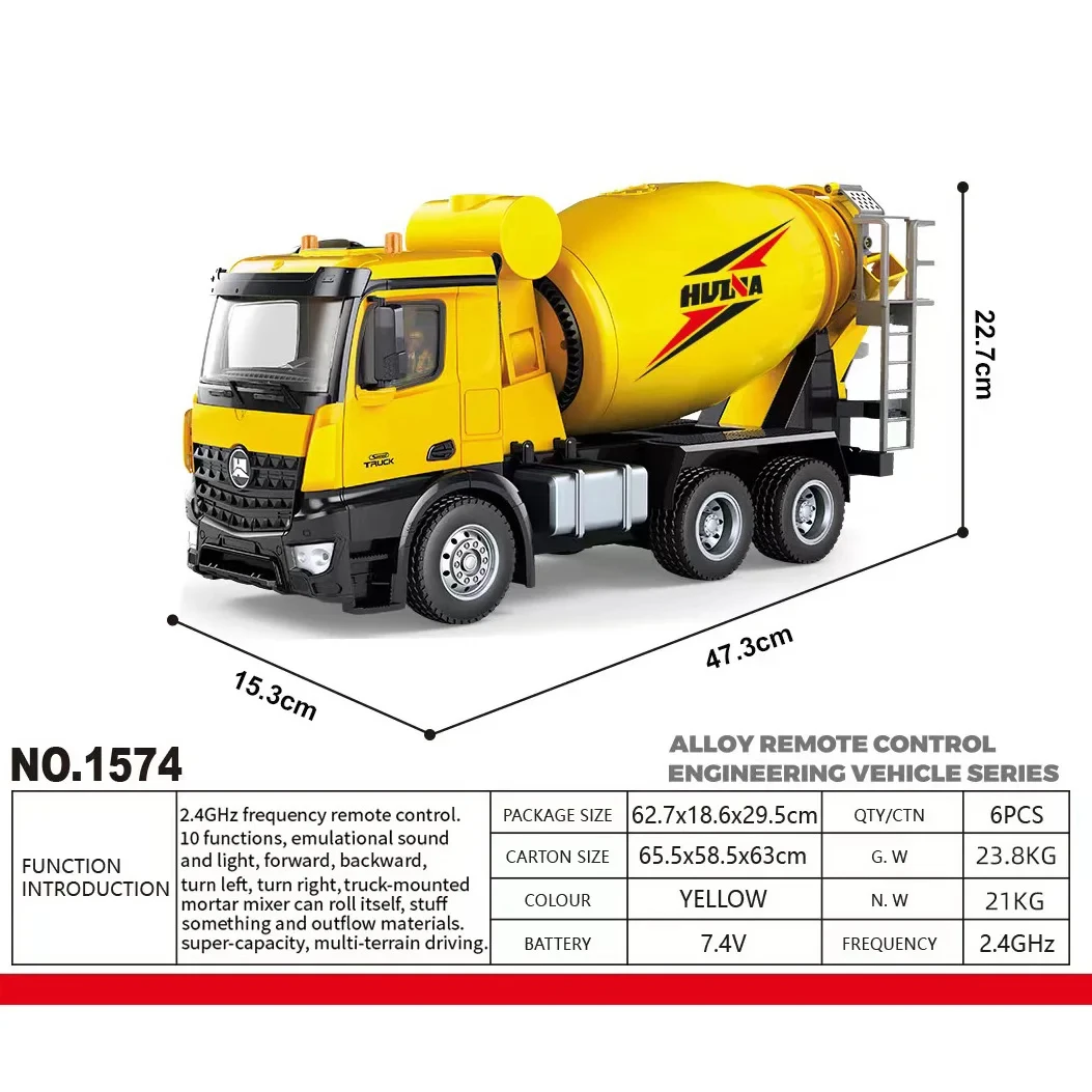 HUINA 1/14 RC samochód betonomieszarka ciężarówka zabawkowy Model 2.4GHZ 10CH bezprzewodowy pilot pojazd inżynieryjny zabawka na zewnątrz chłopiec