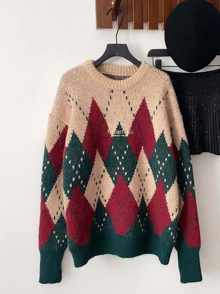 Winter Women Old Money Long Sleeve Christmas Sweater Knitwear 2000s Aesthetic Contrast Color Pullovers Korean Thick Vintage Warm