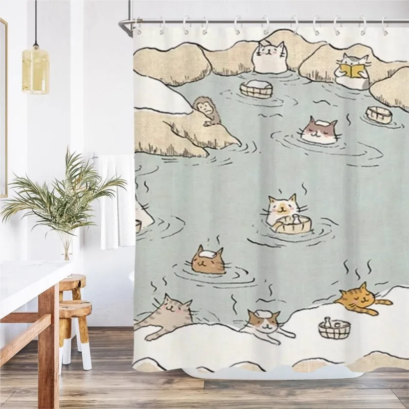 Japanischer Cartoon Niedliche Katze Anti-Schimmel Wasserdichter Badezimmer-Vorhang Duschvorhang Trocken-Nass-Trennung Duschvorhang ZI732