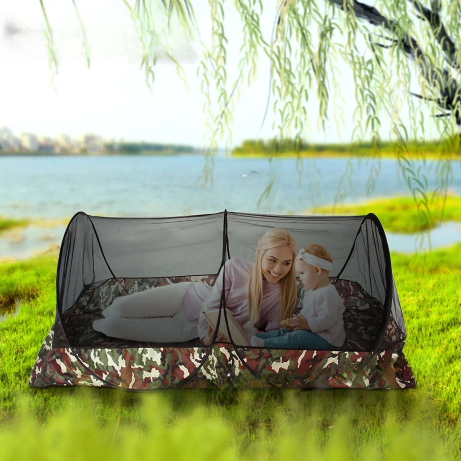 Foldable Portable Outdoor Camouflage Student Military Training Single Mosquito Net with Insect-proof and Installation-free Featu