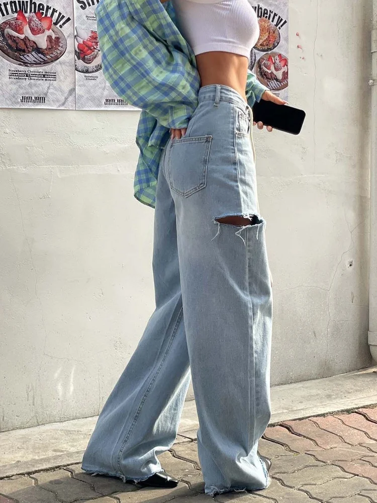 2024 Roupa Y2K Fashion Washed Blue Ripped Baggy Jeans Pants For Women 90S Vintage Clothes Underwear Wide Leg Lady Denim Trousers