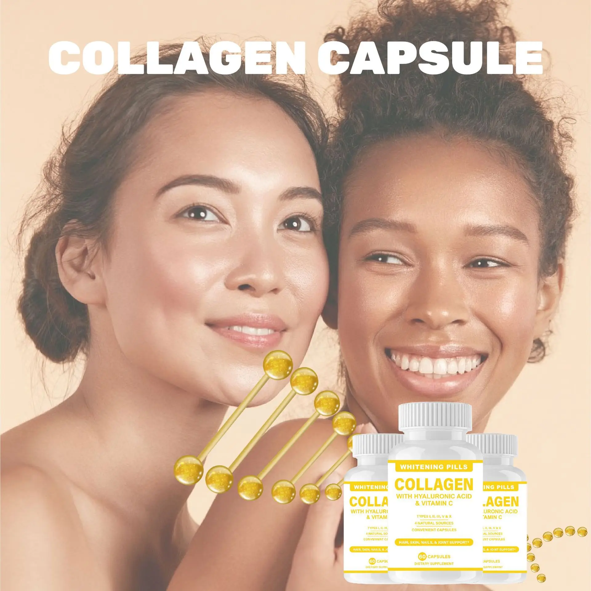 

2 бутылки капсул с биотином и коллагеном — биотин, способствует росту волос, используется для выпадения волос, кожи и ногтей, 60 шт.