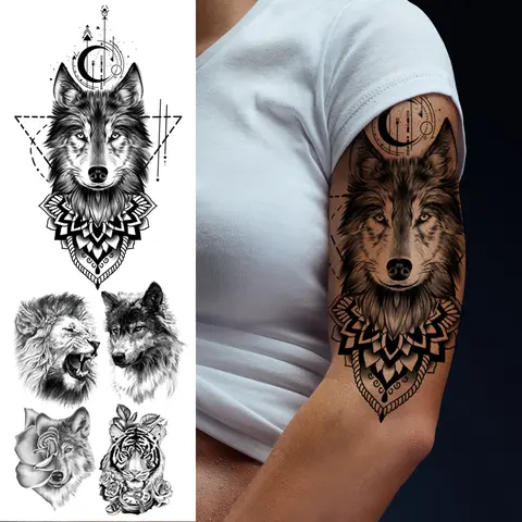 Adesivo tatuaggio temporaneo Nero Teschio di grandi dimensioni Leone Tigre Leopardo Lupo Body Art Tattoo Moda Uomo Donna Petto Braccio Tattoo Ragazza