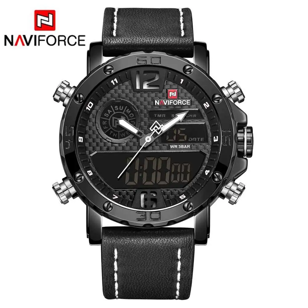 NAVIFORCE NF9134 western dongguan man watch original Leather Strap 2 time zone chronometer water resist Calendar wristwatch set