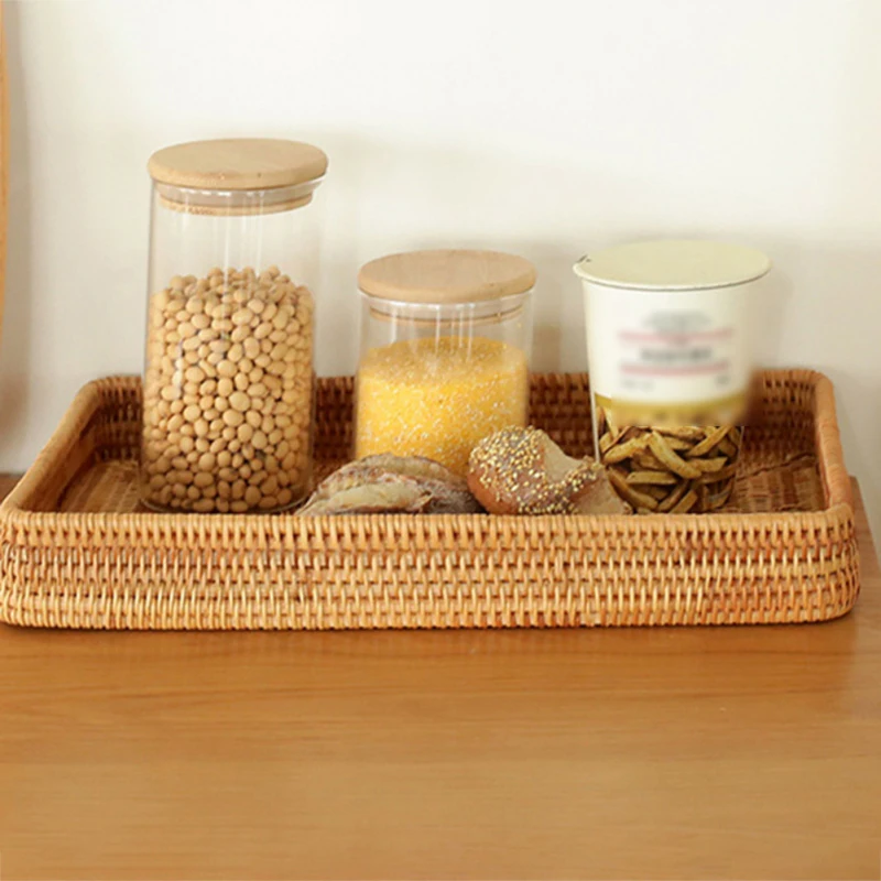 Storage Basket Hand-Woven Kitchen Supplies Rectangular Rattan Wicker Basket Household Tools Woven Container Rattan